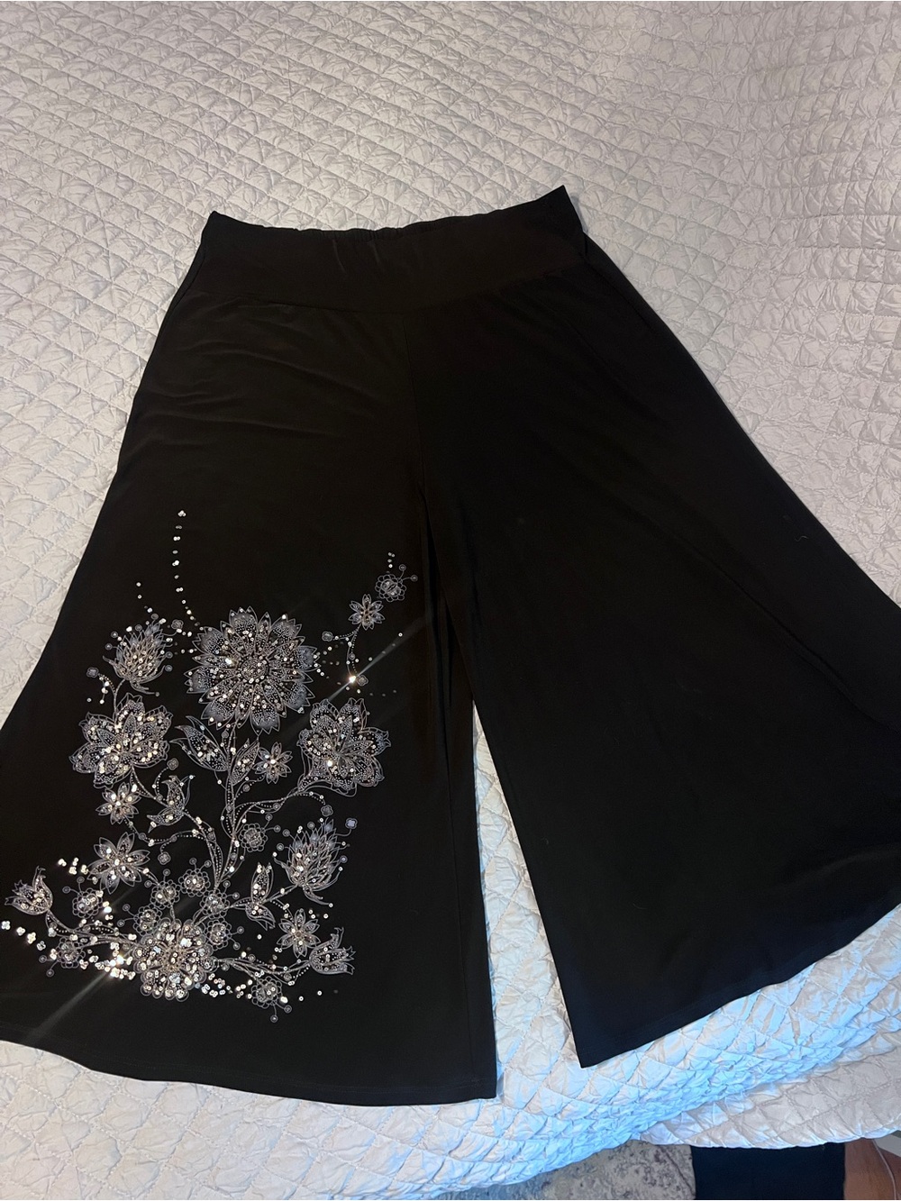 MKM Designs Black Wide-Leg Palazzo Pants with Silver Floral Embellishment